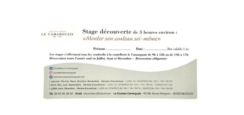 Bon cadeau stage de fabrication de couteau