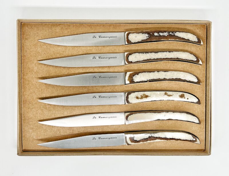 Commandez votre coffret 6 couteaux traditionnel 100% français Le Camarguais Paperstone crème et marron sur notre boutique en ligne - Paiement Sécurisé